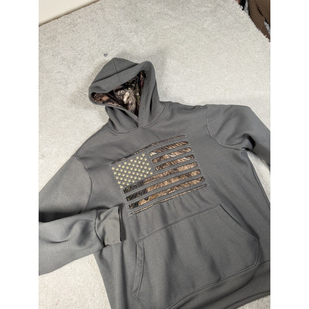 Mossy Oak‎ American Flag Hoodie Gray Kangaroo Pockets Pullover Mens L Patriotic